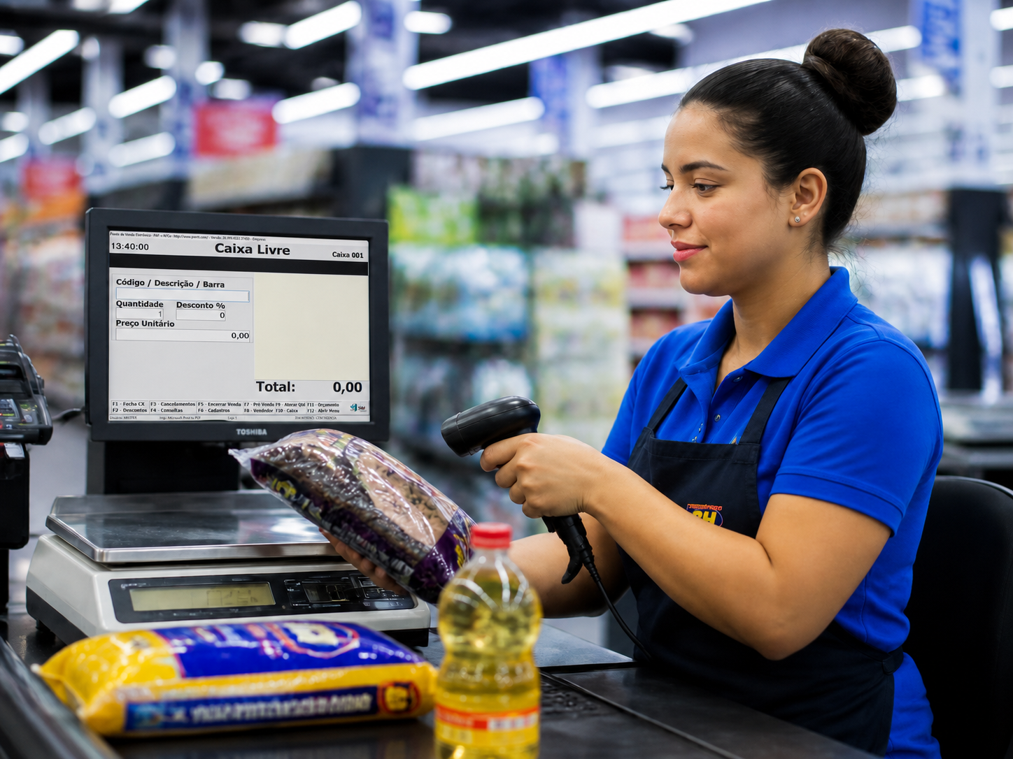 Operadora de supermercado passando produtos no PDV com balança e leitor de código de barras